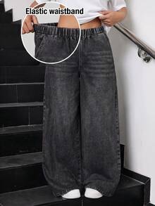 SHEIN Tween Girl Elastic Waist Wide Leg Black Denim Loose Long Pants Y2k Graduation - Black - View 4