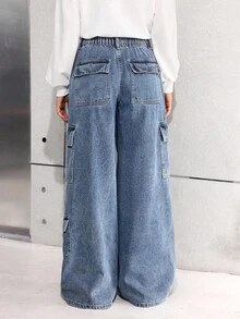 SHEIN 少女蓝色宽松牛仔工装裤 - 中等水洗藍 - 查看 2