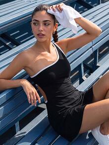 CourtClass Vestido deportivo de un solo hombro con espalda descubierta y ribete en contraste - Negro - Ver 6