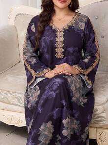 Al Najma 大尺碼女款花卉印花刺繡阿拉伯傳統長洋裝，適合晚宴穿著 - 彩色 - 查看 5