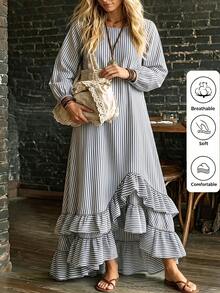 Linhara CURVE 2026 New Plus Size Casual Striped Round Neck Long Sleeve Lantern Sleeve Long Patchwork Ruffle Hem Women's Dress Fall - Blue and White - View 1