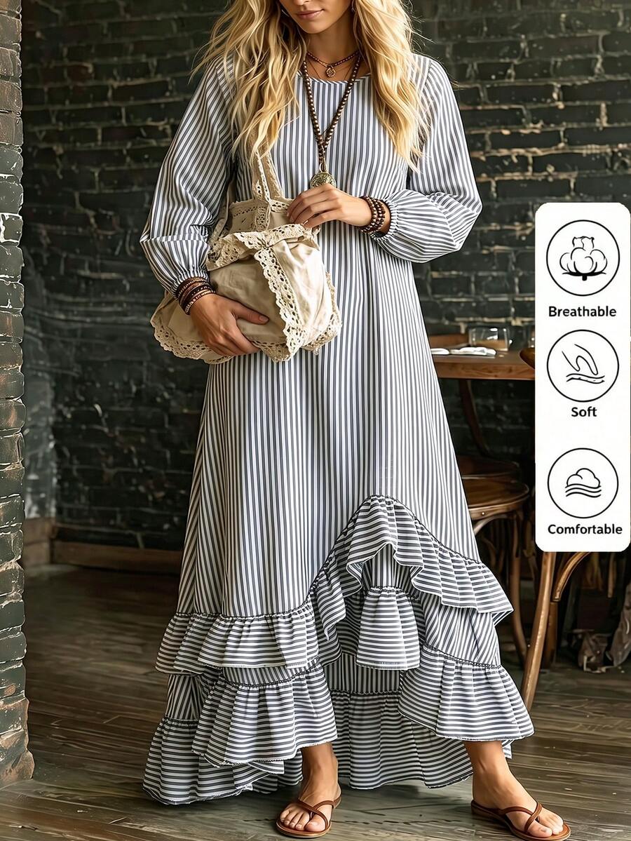 Linhara CURVE 2026 New Plus Size Casual Striped Round Neck Long Sleeve Lantern Sleeve Long Patchwork Ruffle Hem Women's Dress Fall - Blue and White - View 1