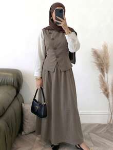 Solavon Setelan 2 Potong Wanita Polos Kancing Tunggal, Rompi dan Rok, Kasual untuk Sehari-hari - Coffee Brown - View 1