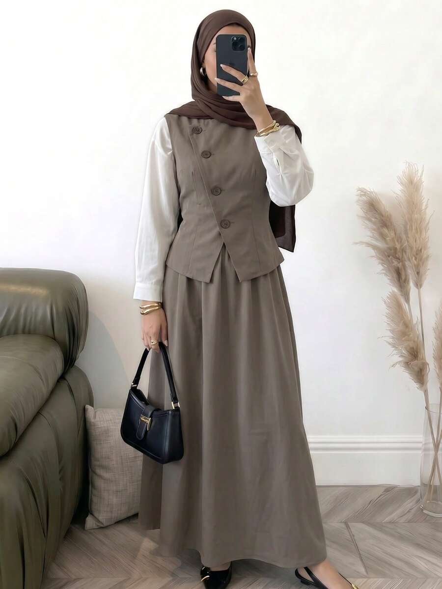 Solavon Setelan 2 Potong Wanita Polos Kancing Tunggal, Rompi dan Rok, Kasual untuk Sehari-hari - Coffee Brown - View 1