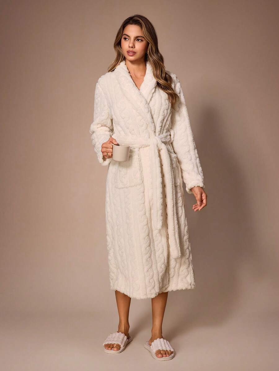Lazeform Women's Thickened Jacquard Fleece Tie-Front Long Sleeve Lapel Pocket Lounge Robe, Autumn/Winter - Beige - View 1