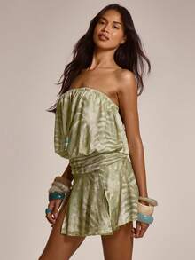 MUSERA Bead Tie Front Draped Ruched Gathered Waist Side Split Skirt Bandeau Mini Dress Cute Summer Spring Sexy Going Out Beach Holiday Vacation Honey Tides - Multicolor - View 3