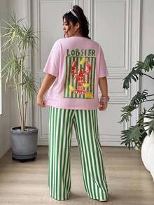 SHEIN EZwear 大尺碼女款字母印花短袖T恤與條紋長褲休閒兩件套 - 彩色 - 查看 2