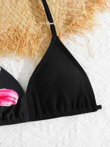 SHEIN 少女三件套比基尼，可爱针织网布黑色底粉色碎花图案，时尚休闲优雅泳装，适合游泳、度假、夏季穿着。黑色泳衣，高腰两件套泳装，三件套比基尼，三件套泳装，黑色粉色碎花三件套泳装，夏季度假保暖圣诞假期 - 黑色 - 查看 5