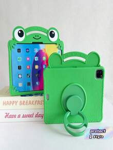 1pc Green Cartoon 3D Frog Embossed Texture, 360° Rotatable Vertical Stand, Integrated Portable Handle Design, Soft Silicone Flexible High Rebound Material, 3D Frog Big Eyes Smiling Face Cute Style, Full Coverage Tablet Protective Case - Multicolor - View 1