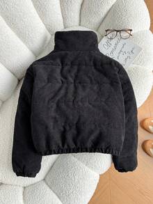 SHEIN 青少年女孩冬季外套，休閒黑色燈芯絨填充夾克，附拉鍊與按扣，秋冬款 - 黑色 - 查看 2