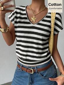 Siren Gaze Summer New V-Neck Wide Short Sleeve Top For Women - Black and White - View 7