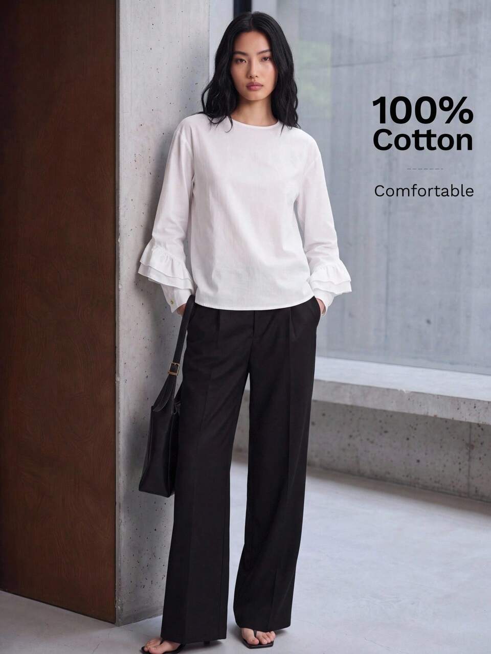 Women's Cream White Comfortable Fabric Fitted Reversible Design Front Short Back Long Hemline Ruffle Cuff Decor All-Season Versatile Modern Urban Fashion Business Casual Office Wear Elegant Commute Airport Bohemian Style Vacation Blouse