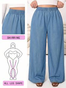 Solflare Plus Size Blue Elastic Waist Loose Wide Leg Long Pants - Blue - View 1