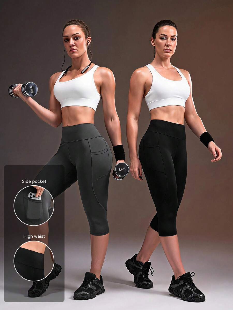 Powerista Women's Capri Length Leggings Set With Black, Gray, Silver Reflective Stripes And Heat Transfer Print