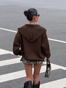 Muchica Chocolate Brown Fashionable Grommet Design Loose Open Front Thermal Lined Hooded Sweatshirt - Chocolate Brown - View 2
