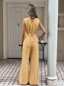Serisse Women's Contrast Lace Single-Breasted Vest And Pants Casual Two Pieces Set - Yellow - View 2