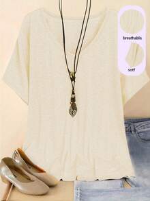 Plus Size Solid Color Minimalist Short Sleeve T-Shirt, Casual Wear - Apricot - View 1
