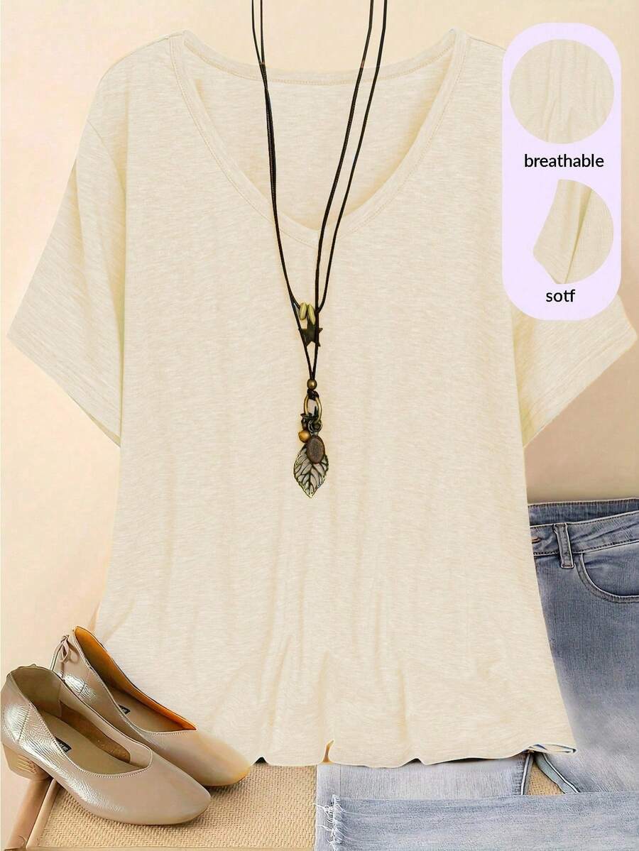 Plus Size Solid Color Minimalist Short Sleeve T-Shirt, Casual Wear - Apricot - View 1