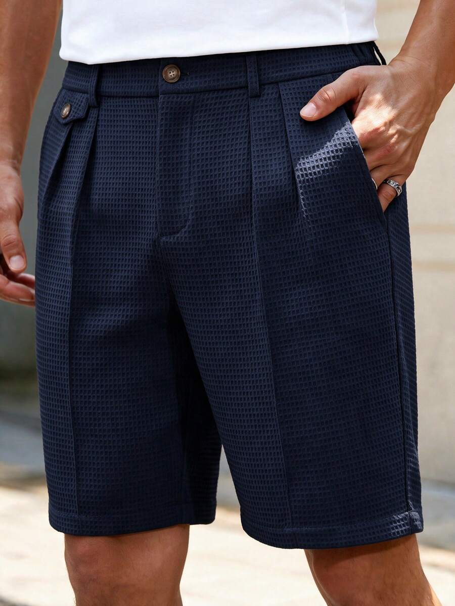 HIMLAND Celana Pendek Pria Tenun Warna Polos, Pinggang Sedang, Slim Lurus, Panjang Bermuda, Cocok untuk Pemakaian Sehari-hari, Musim Semi dan Musim Panas - Navy Blue - View 1