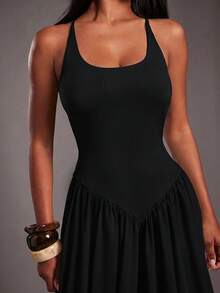 NYA SZN Jumpsuit Sleeveless Spaghetti Strap Fitted Cinch Drop Waist Balloon Pant Leg Loose Baggy Church Elegant Summer Fall Winter - Black - View 6