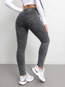 SHEIN Tall CURVE 女款大尺碼藍色丹寧彈性緊身牛仔褲 - 灰色 - 查看 2