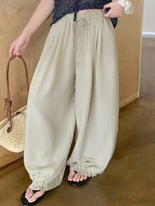 Dazy Plus Elastic Waist Solid Color Loose Lantern Pants Cropped Length Casual Vacation Spring Autumn New Long Pants - Apricot - View 3