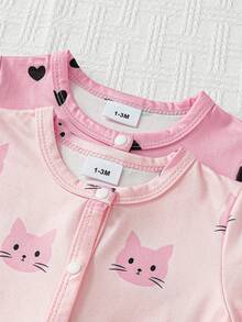 SHEIN Playful Pals 2件組新生女嬰秋冬款粉黑愛心卡通貓長袖連身衣套裝，親子套裝 - 彩色 - 查看 5