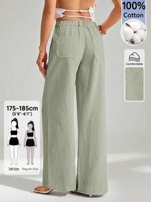 SHEIN Tall 100% Washed Cotton Low Waist Straight Pants - Olive Green - View 2