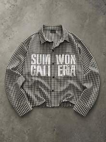 SUMWON Gingham Check Long Sleeve Oversized Shirt With Distressed Large Text Front Print Point Collar Button-Down Closure Casual Everyday Style - Apricot - View 4