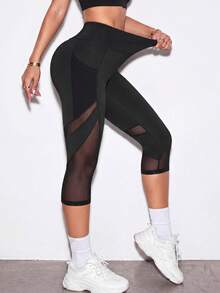 Slayform Slayform 女款撞色网眼卡普里运动紧身裤，带手机口袋，瑜伽裤 - 黑色 - 查看 1