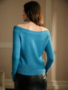 MOTF PREMIUM WOMEN'S ELEGANT COMMUTE SOLID COLOR OFF SHOULDER KNOTTED SWEATER - Blue - View 4