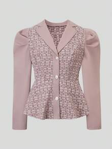 Modelyn Plus Size Elegant Commuter Jacquard Patchwork Shirt & Skirt 2 Pieces Set - Dusty Pink - View 5