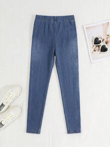 Girls' Blue Knitted Denim Fleece Lined Stretch Skinny Pants, Autumn/Winter - Blue - View 4