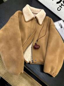 GlowEve Vintage Fashion Comfortable Suede Fleece Jacket Fur One-Piece Short Commute Versatile Outdoor French Street Style Women's Jacket - Khaki - View 1