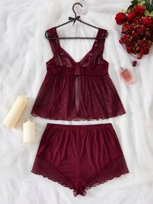 ZzzCrew Plus Size Women's Mesh Underwire Thin Cup Sheer Sexy Lingerie Set - Burgundy - View 2