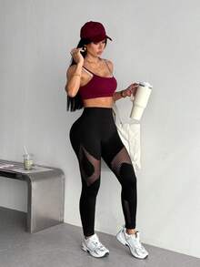 Dewbera Dewbera 女款休閒高腰網布拼接運動緊身內搭褲 - 黑色 - 查看 6