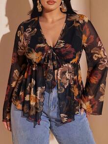 SHEIN BAE 大尺碼女款春夏網紗花卉印花喇叭袖上衣 秋季 - 彩色 - 查看 4