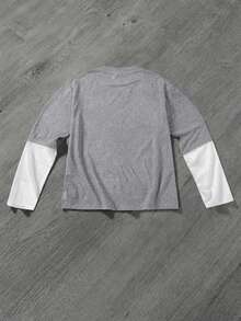 1pc Teen Boy's Casual Sports College Street Grey 2 In 1 T-Autumn Winter Shirt With Large Pattern - Grey - View 2