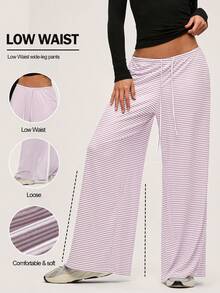 SHEIN BASICS Casual Y2k Knitted Pink And White Striped Low Waist Baggy Wide Leg Floor Length Pants For Women Autumn Clothes Lounge - Pink - View 7