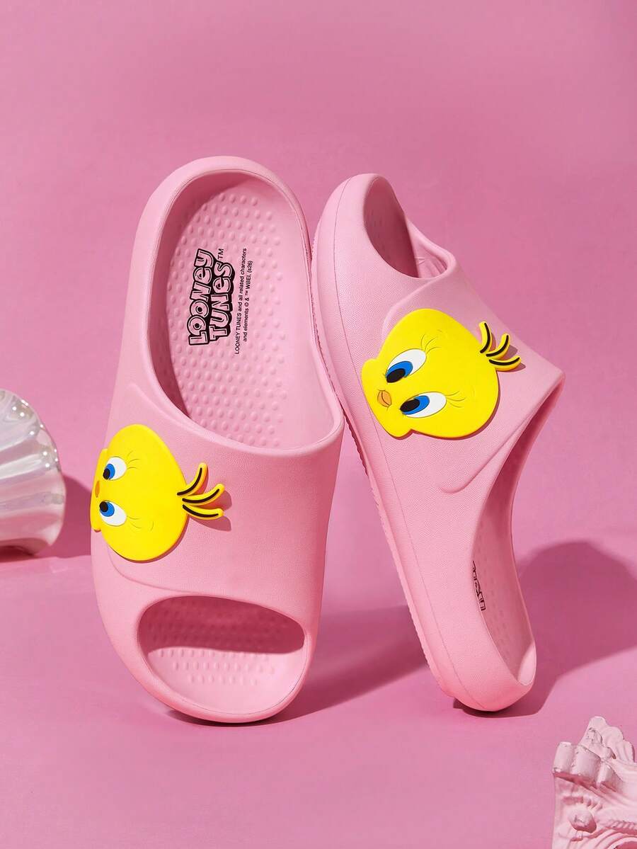 LOONEY TUNES X SHEIN 時尚可愛一腳蹬拖鞋 防滑快乾浴室涼拖,輕量耐用 EVA 材質,居家、游泳池、海灘室內通用 - 粉色 - 查看 1