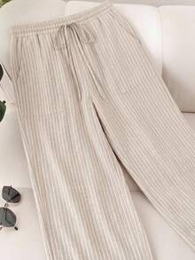 CosyJoli Women's Plus Size Loose Striped Textured Fabric Pants With Pockets, Suitable For Spring And Summer - Khaki - View 3