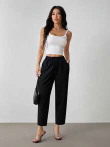 SHEIN PETITE Women Casual Commuter Plain Color Tapered Pants ,Petite Women - Black - View 4