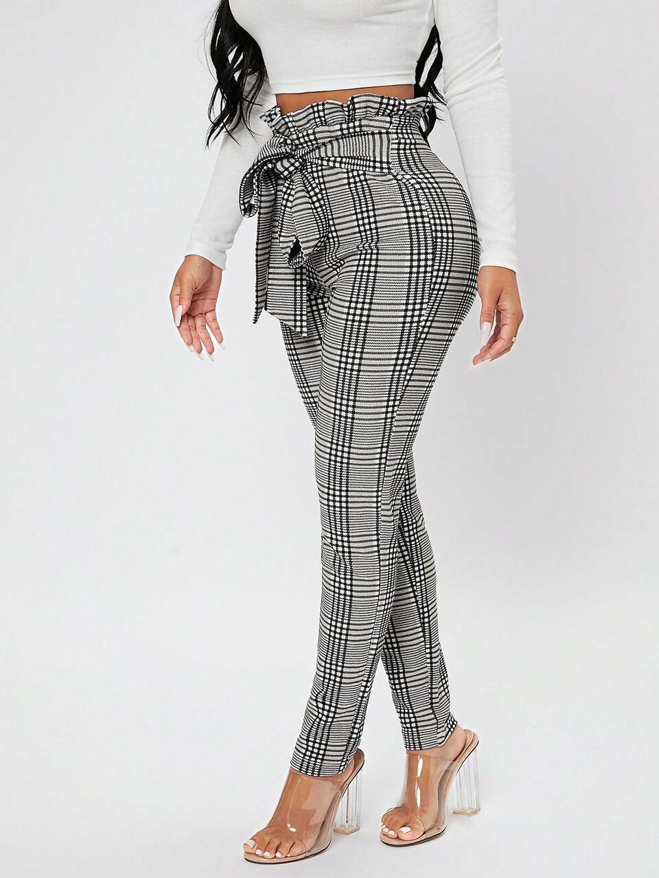 Plaid Print Paperbag Waist Knot Front Pants ,Petite Women