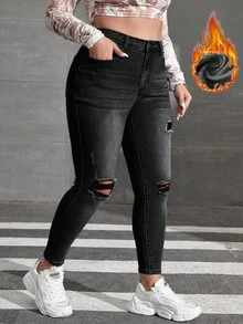 SHEIN EZwear 大尺碼女款高腰口袋磨損修身休閒牛仔褲 - 黑色 - 查看 6