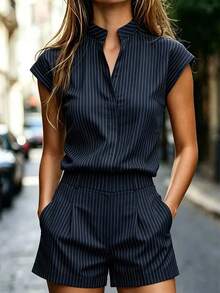 RosyDaze Women's Striped Notch V-Neck Shirt And Shorts Casual 2 Pieces Set - Navy Blue - View 3
