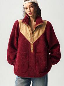 Bohemela Sweatshirt Wanita Kasual Warna Polos dengan Potongan Longgar - Merah - View 6
