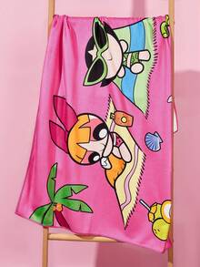 THE POWERPUFF GIRLS X SHEIN 1件裝卡通海綿印花浴巾，沙灘巾，可用於海灘，游泳毛巾 - 玫紅色 - 查看 1