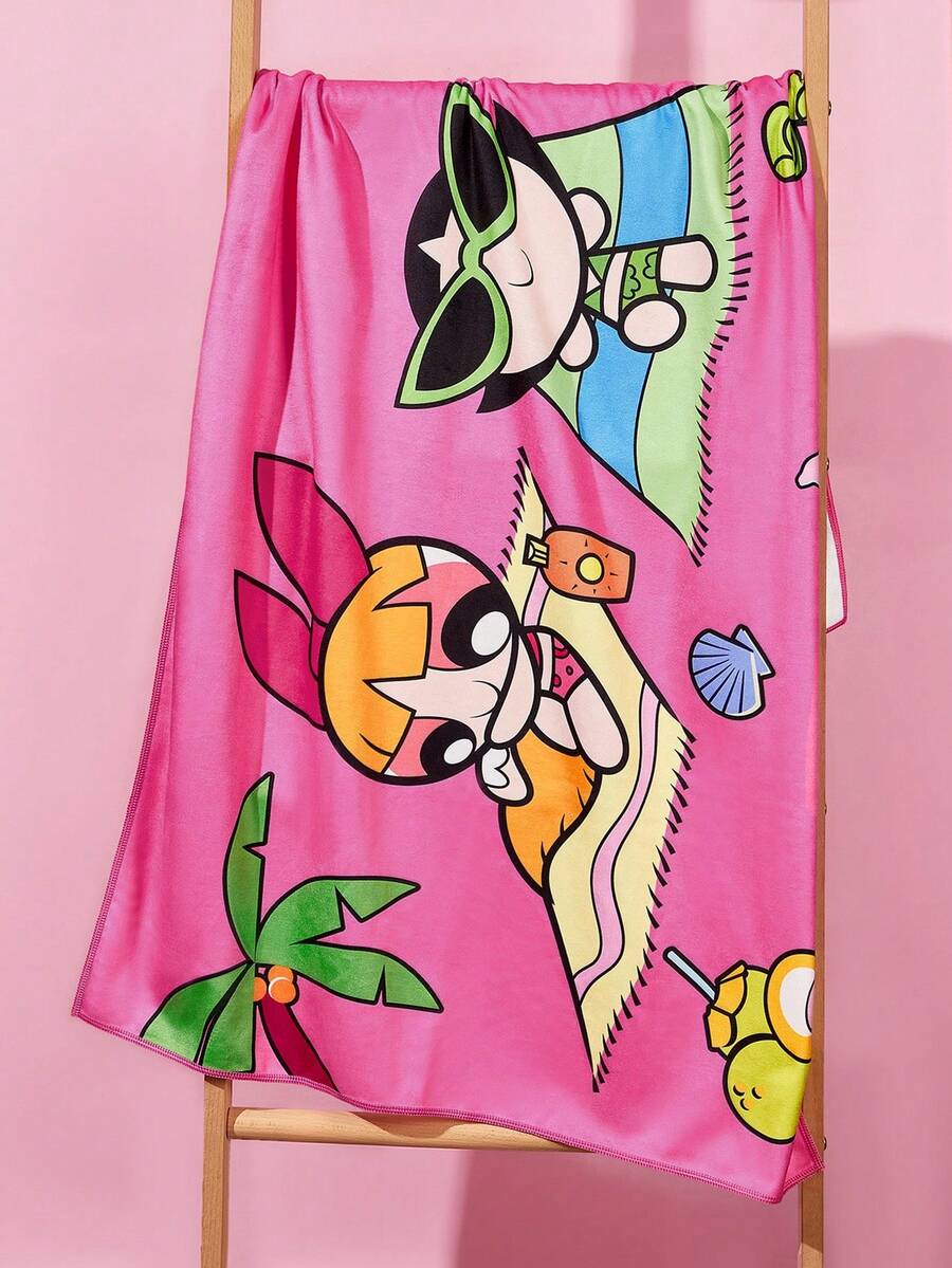 THE POWERPUFF GIRLS X SHEIN 1件裝卡通海綿印花浴巾,沙灘巾,可用於海灘,游泳毛巾 - 玫紅色 - 查看 1