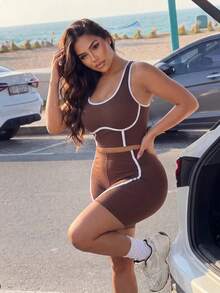Slayform Women's Plus Size Colorblock Cropped Top And High Waist Shorts Casual Daily Sports Set Gym Sports Chocolate Brown Summer - Multicolor - View 3