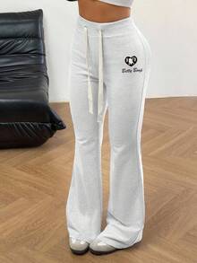 Betty Boop x SHEIN SHEIN EZwear 女款休閒極簡抽繩喇叭運動長褲，Betty聯名印花圖案，適合外出與返校穿著 - 灰色 - 查看 7